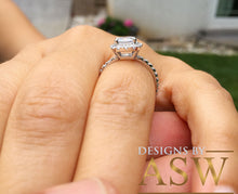 Load image into Gallery viewer, 14k solid white gold cushion and round cut simulated diamond engagement ring halo bridal wedding propose prong set 2.50ctw