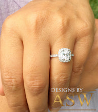 Load image into Gallery viewer, 14k solid white gold cushion and round cut simulated diamond engagement ring halo bridal wedding propose prong set 2.50ctw