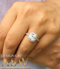 Load image into Gallery viewer, 14k solid white gold cushion and round cut simulated diamond engagement ring halo bridal wedding propose prong set 2.50ctw