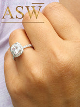 Load image into Gallery viewer, 14k solid white gold cushion and round cut simulated diamond engagement ring halo bridal wedding propose prong set 2.50ctw