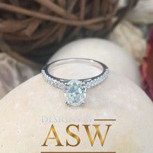 Load image into Gallery viewer, 14k Solid White Gold Oval and Round Cut Simulated Diamond Engagement Ring Deco Bridal Set Half Eternity High Qulaity Finish Bridal 1.20ct