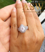 Load image into Gallery viewer, Large 14k Solid White Gold Pear and Round Cut Simulated Diamond Engagement Ring Deco, Bridal, Wedding, Halo, Anniversary, Propose 4.20ct