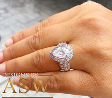Load image into Gallery viewer, Large 14k Solid White Gold Pear and Round Cut Simulated Diamond Engagement Ring Deco, Bridal, Wedding, Halo, Anniversary, Propose 4.20ct