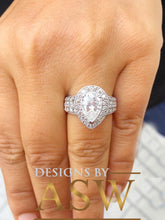 Load image into Gallery viewer, Large 14k Solid White Gold Pear and Round Cut Simulated Diamond Engagement Ring Deco, Bridal, Wedding, Halo, Anniversary, Propose 4.20ct