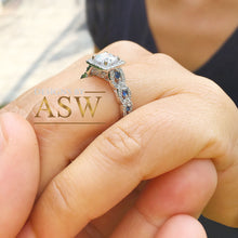 Load image into Gallery viewer, 14k White Gold Round Cut Forever One Moissanite and Diamond And Sapphire Engagement Ring, Bridal, Wedding, Natural Diamonds Halo 2.00ctw