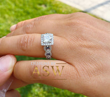 Load image into Gallery viewer, 14k White Gold Round Cut Forever One Moissanite and Diamond And Sapphire Engagement Ring, Bridal, Wedding, Natural Diamonds Halo 2.00ctw