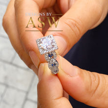 Load image into Gallery viewer, 14k White Gold Round Cut Forever One Moissanite and Diamond And Sapphire Engagement Ring, Bridal, Wedding, Natural Diamonds Halo 2.00ctw
