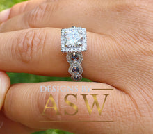 Load image into Gallery viewer, 14k White Gold Round Cut Forever One Moissanite and Diamond And Sapphire Engagement Ring, Bridal, Wedding, Natural Diamonds Halo 2.00ctw