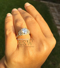 Load image into Gallery viewer, 14k Yellow Gold Round Forever one Moissanite and Half Moon Diamond Engagement Ring Antique Deco Bridal Wedding Anniversry Cut Halo 2.50ctw