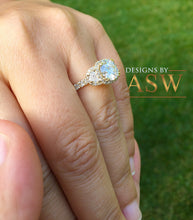 Load image into Gallery viewer, 14k Yellow Gold Round Forever one Moissanite and Half Moon Diamond Engagement Ring Antique Deco Bridal Wedding Anniversry Cut Halo 2.50ctw