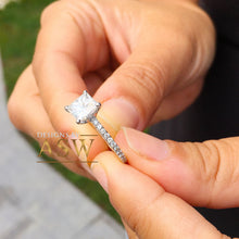 Load image into Gallery viewer, 14k white gold princess cut forever one moissanite and natural round diamond engagement ring art deco style halo wedding anniversary 2.00ct