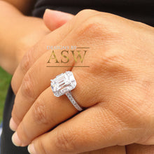 Load image into Gallery viewer, 14k solid white gold emerald cut forever one moissanite and natural diamond engagement ring deco halo bridal wedding 2.70ctw