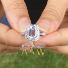 Load image into Gallery viewer, 14k solid white gold emerald cut forever one moissanite and natural diamond engagement ring deco halo bridal wedding 2.70ctw