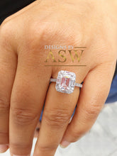Load image into Gallery viewer, 14k solid white gold emerald cut forever one moissanite and natural diamond engagement ring deco halo bridal wedding 2.70ctw