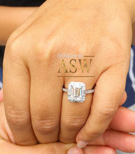Load image into Gallery viewer, 14k solid white gold emerald cut moissanite and natural round and baguettes cut diamond engagement ring deco halo bridal wedding 2.70ctw