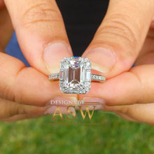Load image into Gallery viewer, 14k solid white gold emerald cut moissanite and natural round and baguettes cut diamond engagement ring deco halo bridal wedding 2.70ctw