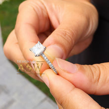 Load image into Gallery viewer, 14k solid white gold princess and round cut simulated diamond engagement ring art deco style bridal wedding anniversary prong set 2.00ct