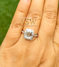 Load image into Gallery viewer, 14k solid white gold emerald cut forever one moissanite and natural diamond engagement ring deco halo bridal wedding 2.70ctw