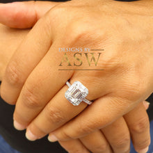 Load image into Gallery viewer, 14k solid white gold emerald cut forever one moissanite and natural diamond engagement ring deco halo bridal wedding 2.70ctw
