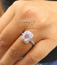 Load image into Gallery viewer, 14k solid white gold emerald cut forever one moissanite and natural diamond engagement ring deco halo bridal wedding 2.70ctw
