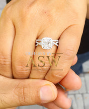 Load image into Gallery viewer, 14k Solid White Gold Cushion Cut Simulated Diamond Engagement Ring And Band Bridal Set Wedding Set Halo Twisted Shank 2.50ct