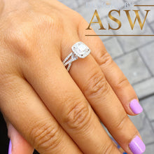 Load image into Gallery viewer, 14k Solid White Gold Cushion Cut Simulated Diamond Engagement Ring And Band Bridal Set Wedding Set Halo Twisted Shank 2.50ct