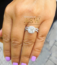 Load image into Gallery viewer, 14k Solid White Gold Cushion Cut Simulated Diamond Engagement Ring And Band Bridal Set Wedding Set Halo Twisted Shank 2.50ct