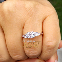 Load image into Gallery viewer, 14k Solid White Gold Round and Pear Cut Forever One Moissanite Engagement Ring, Bridal, Wedding Deco Three Stone Style 1.50ctw