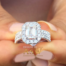 Load image into Gallery viewer, 14k solid white gold emerald cut forever one moissanite and round cut natural diamond engagement ring and band halo bridal wedding 2.00ct