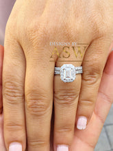 Load image into Gallery viewer, 14k solid white gold emerald cut forever one moissanite and round cut natural diamond engagement ring and band halo bridal wedding 2.00ct