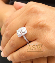 Load image into Gallery viewer, 14k solid white gold emerald cut moissanite and natural round and baguettes cut diamond engagement ring deco halo bridal wedding 2.70ctw