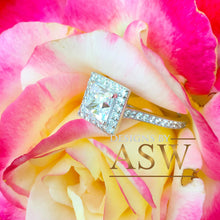 Load image into Gallery viewer, 14k white gold princess cut forever one moissanite and diamond engagement ring art deco style halo wedding anniversary round diamonds 2.00ct