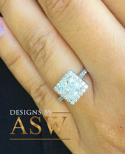 Load image into Gallery viewer, 14k white gold princess cut forever one moissanite and diamond engagement ring art deco style halo wedding anniversary round diamonds 2.00ct