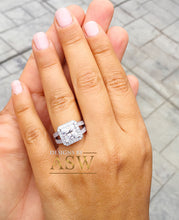 Load image into Gallery viewer, 14k solid and heavy white gold princess cut forever one moissanite and natural diamond engagement ring deco style halo bridal 3.70ctw