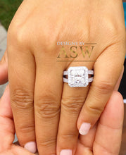 Load image into Gallery viewer, 14k solid heavy white gold princess and round cut simulated diamond engagement ring art deco style bridal wedding anniversary halo 3.70ct