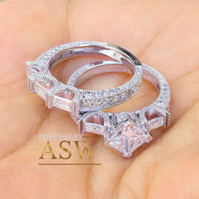 Load image into Gallery viewer, 14k Solid White Gold Princess, Baguettes, and Round Cut Simulated Diamond Engagement Ring And Band Bridal Set Wedding Antique Deco 2.50ctw