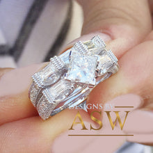 Load image into Gallery viewer, 14k Solid White Gold Princess, Round, and Baguettes Cut Forever One Moissanite Engagement Ring And Band Wedding Bridal Set Deco 2.50ct