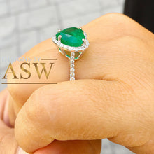 Load image into Gallery viewer, 14k solid white gold green heart shape emerald and round cut simulated diamond engagement ring halo bridal, wedding, promise 4.00ctw
