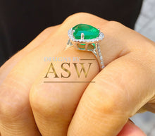 Load image into Gallery viewer, 14k solid white gold green heart shape emerald and round cut simulated diamond engagement ring halo bridal, wedding, promise 4.00ctw
