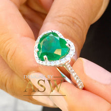 Load image into Gallery viewer, 14k solid white gold green heart shape emerald and round cut simulated diamond engagement ring halo bridal, wedding, promise 4.00ctw