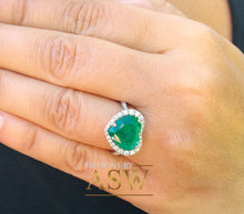 Load image into Gallery viewer, 14k solid white gold simulated green heart shape emerald and round cut natural diamonds ring deco, halo, bridal, engagement, wedding 4.00ctw