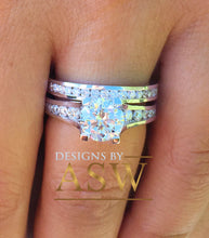 Load image into Gallery viewer, 14k solid white gold round cut simulated diamond engagement ring and band, wedding, anniversary, prong set, large, bridal set 3.50ctw