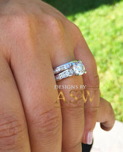 Load image into Gallery viewer, 14k solid white gold round cut simulated diamond engagement ring and band, wedding, anniversary, prong set, large, bridal set 3.50ctw