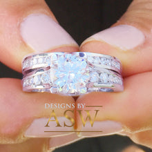 Load image into Gallery viewer, Large 14k solid white gold round cut forever one moissanite engagement ring and band bridal wedding set, channel set 3.50ctw
