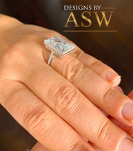 Load image into Gallery viewer, Huge Solid Sterling Silver .925 Radiant and Round Cut Simulated Diamond Engagement Ring Deco, Bridal, Wedding, Halo, Anniversary, 8.30ctw