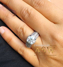 Load image into Gallery viewer, Heavy 14k Solid White Gold Round Cut Forever One Moissanite and Natural Diamond Engagement Ring Antique Deco Bridal Halo 2.70ctw