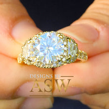 Load image into Gallery viewer, 14k Yellow Gold Round Forever one Moissanite and Diamond Engagement Ring Antique Deco Bridal Wedding Anniversry Half Moon Cut Halo 2.50ctw
