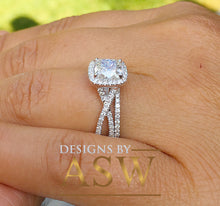 Load image into Gallery viewer, 14k Solid White Gold Cushion Cut Simulated Diamond Engagement Ring And Band Bridal Set Wedding Set Halo Twisted Shank 2.50ct