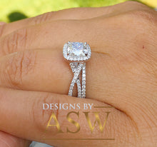 Load image into Gallery viewer, 14k White Gold Cushion Cut Moissanite and Diamond Engagement Ring And Band Halo Bridal Set Natural Diamonds 2.70ct