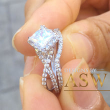 Load image into Gallery viewer, 14K Solid White Gold Princess Cut Forever One Moissanite And Natural Diamond Engagement Ring And Band, Halo, Anniversary, Wedding Deco 1.80